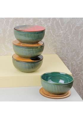 The Earth Store Set of Glam Green Ceramic Bowl with Multipurpose Uses Lid | 500 ml | 16.9 fl oz | 4-Piece Set | Dishwasher Safe | Microwave Safe