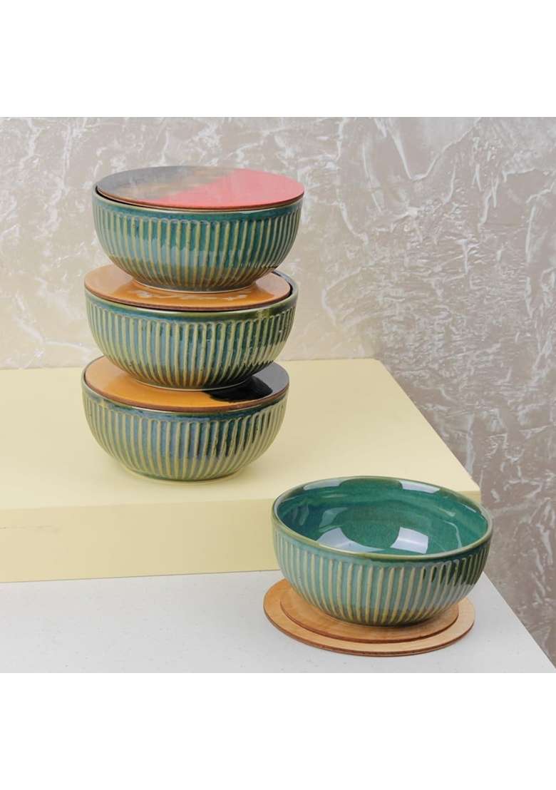 The Earth Store Set of Glam Green Ceramic Bowl with Multipurpose Uses Lid | 500 ml | 16.9 fl oz | 4-Piece Set | Dishwasher Safe | Microwave Safe - Indya