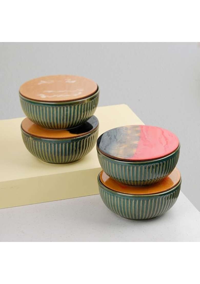 The Earth Store Set of Glam Green Ceramic Bowl with Multipurpose Uses Lid | 500 ml | 16.9 fl oz | 4-Piece Set | Dishwasher Safe | Microwave Safe - Indya