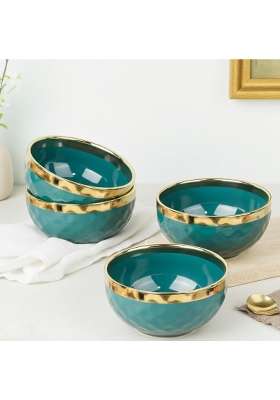 The Earth Store Teal Diamond Gold Ceramic Bowl | 500 ml | 16.9 fl oz | 4-Piece Set