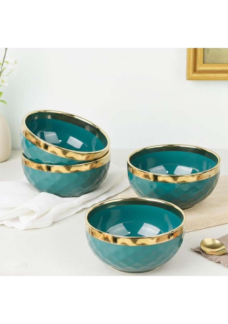 The Earth Store Teal Diamond Gold Ceramic Bowl | 500 ml | 16.9 fl oz | 4-Piece Set - Indya