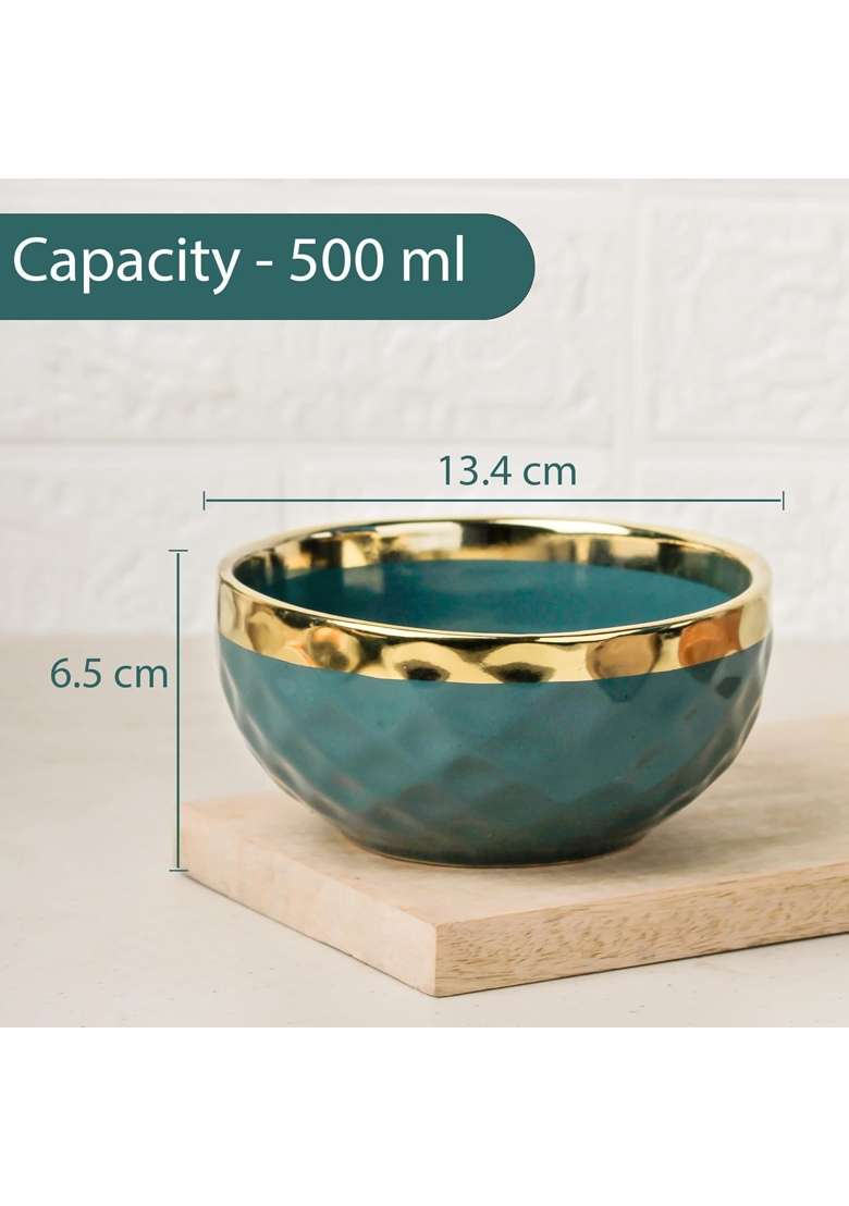 The Earth Store Teal Diamond Gold Ceramic Bowl | 500 ml | 16.9 fl oz | 4-Piece Set - Indya