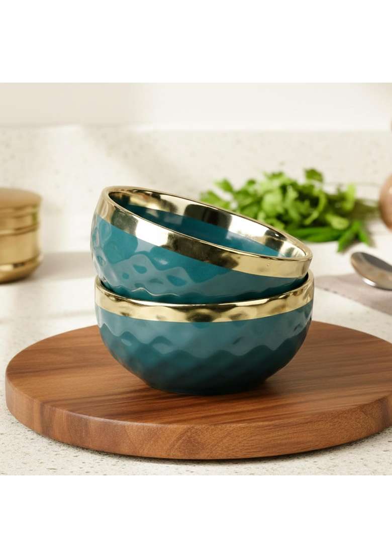 The Earth Store Teal Diamond Gold Ceramic Bowl | 500 ml | 16.9 fl oz | 4-Piece Set - Indya