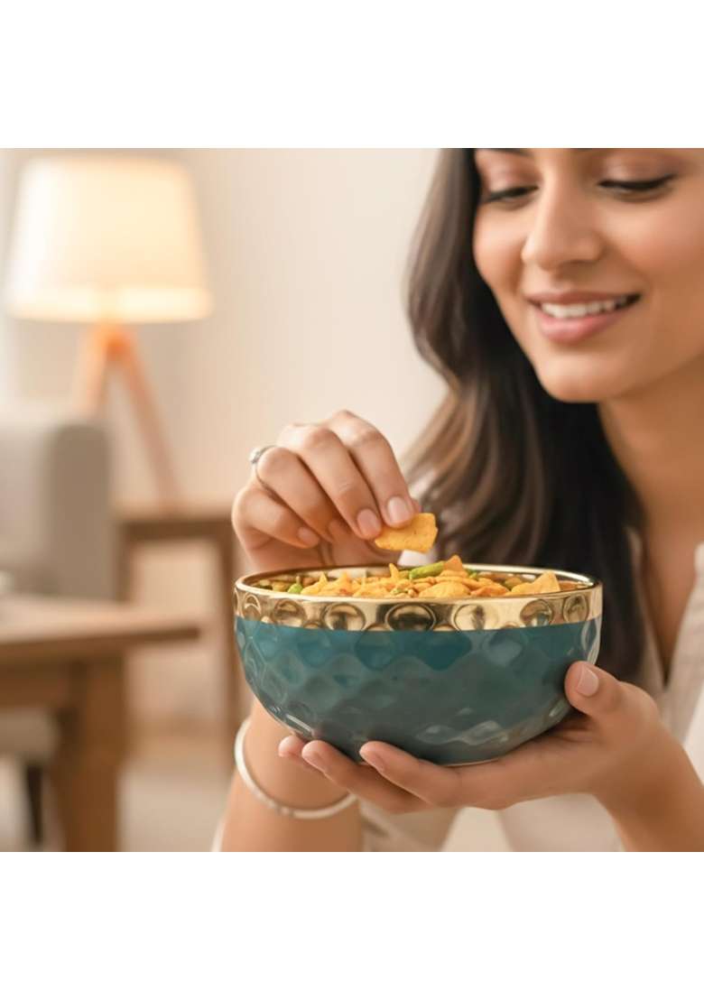 The Earth Store Teal Diamond Gold Ceramic Bowl | 500 ml | 16.9 fl oz | 4-Piece Set - Indya