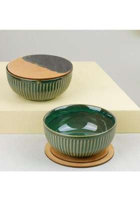 The Earth Store Set of Glam Green Ceramic Bowl with Multipurpose Uses Lid | 500 ml | 16.9 fl oz | 2-Piece Set | Dishwasher Safe | Microwave Safe