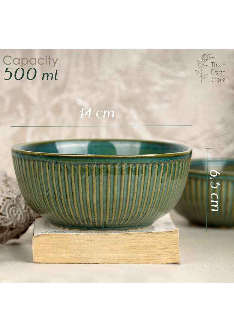 The Earth Store Set of Glam Green Ceramic Bowl with Multipurpose Uses Lid | 500 ml | 16.9 fl oz | 2-Piece Set | Dishwasher Safe | Microwave Safe - Indya