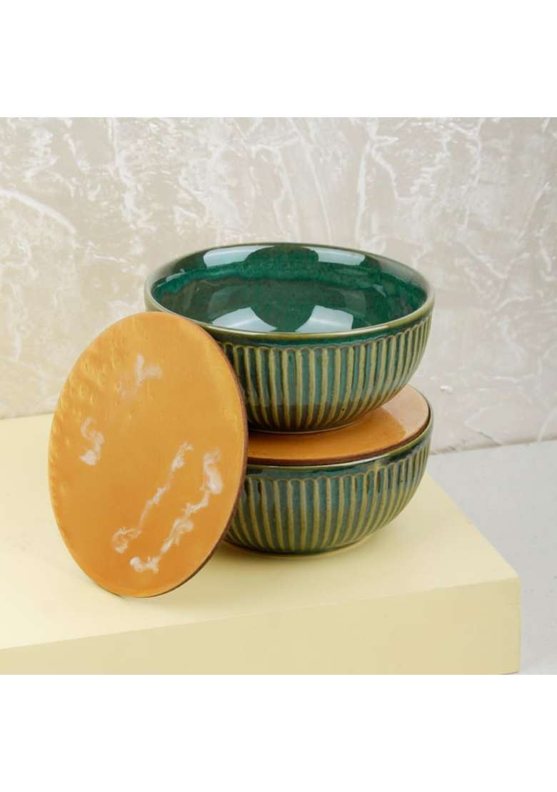 The Earth Store Set of Glam Green Ceramic Bowl with Multipurpose Uses Lid | 500 ml | 16.9 fl oz | 2-Piece Set | Dishwasher Safe | Microwave Safe - Indya