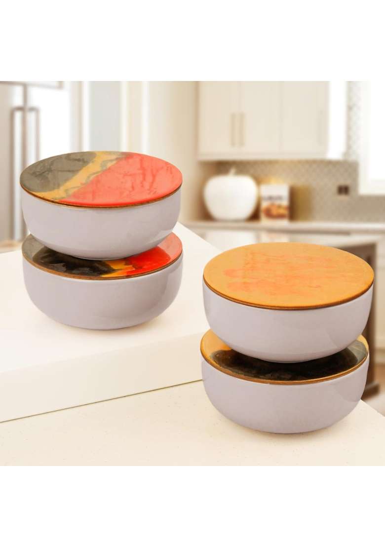 The Earth Store Set of Solid Lavender Ceramic Bowl with Multipurpose Uses Lid | 500 ml | 16.9 fl oz | 4-Piece Set | Dishwasher Safe | Microwave Safe - Indya