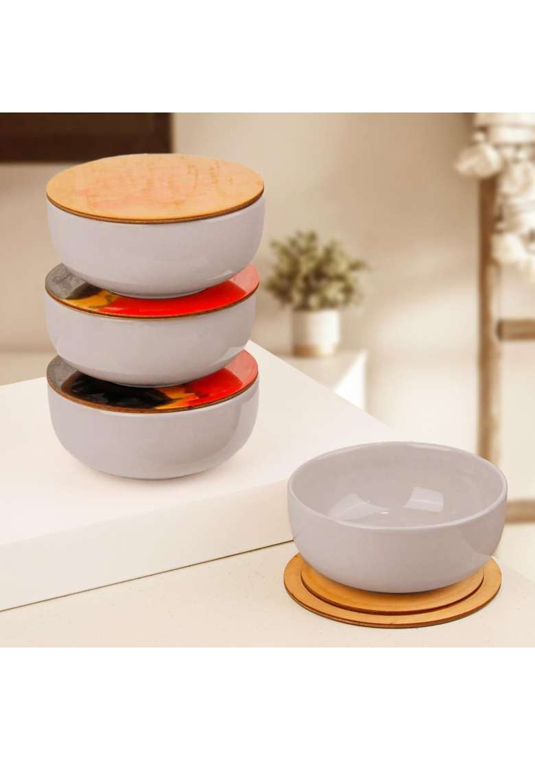 The Earth Store Set of Solid Lavender Ceramic Bowl with Multipurpose Uses Lid | 500 ml | 16.9 fl oz | 4-Piece Set | Dishwasher Safe | Microwave Safe - Indya