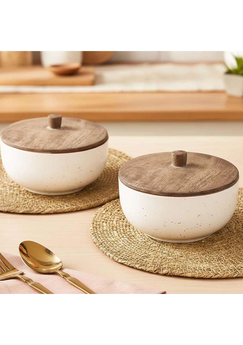 The Earth Store White Marble Ceramic Bowl | 500 ml | 16.9 fl oz | 2-Piece Set | Microwave Safe | With Lid - Indya