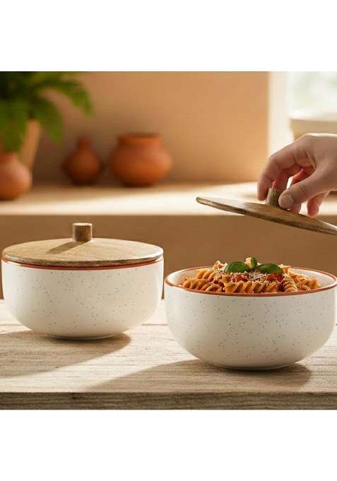 The Earth Store White Marble Ceramic Bowl | 500 ml | 16.9 fl oz | 2-Piece Set | Microwave Safe | With Lid