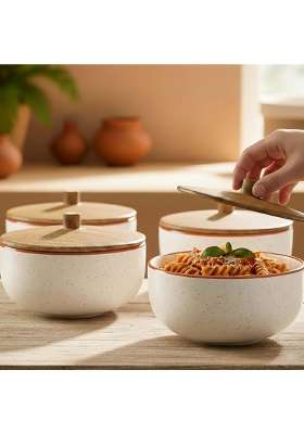 The Earth Store White Marble Ceramic Bowl | 500 ml | 16.9 fl oz | 4-Piece Set | Microwave Safe | With Lid