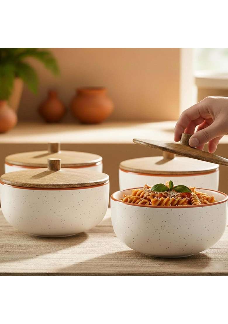 The Earth Store White Marble Ceramic Bowl | 500 ml | 16.9 fl oz | 4-Piece Set | Microwave Safe | With Lid - Indya