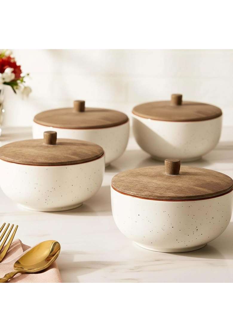 The Earth Store White Marble Ceramic Bowl | 500 ml | 16.9 fl oz | 4-Piece Set | Microwave Safe | With Lid - Indya