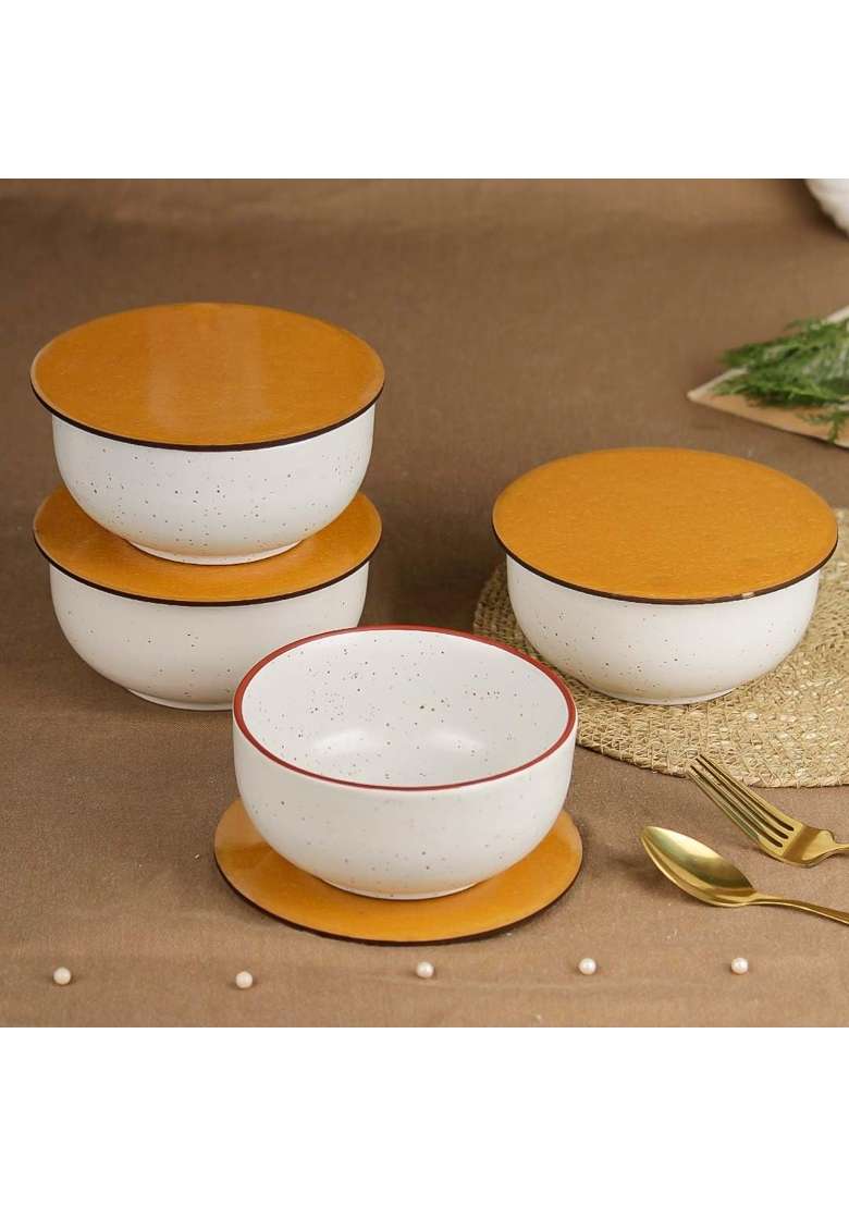 The Earth Store Set of White Marble Ceramic Bowl with Multipurpose Uses Lid | 500 ml | 16.9 fl oz | 4-Piece Set | Dishwasher Safe | Microwave Safe - Indya