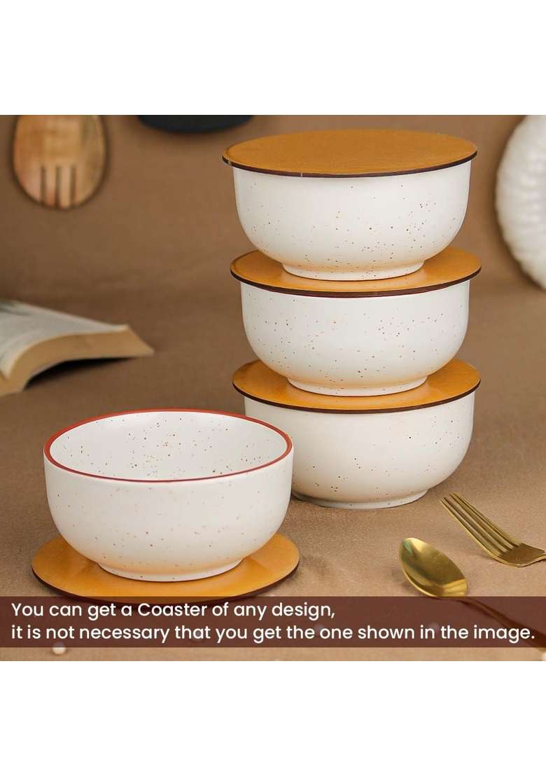 The Earth Store Set of White Marble Ceramic Bowl with Multipurpose Uses Lid | 500 ml | 16.9 fl oz | 4-Piece Set | Dishwasher Safe | Microwave Safe - Indya
