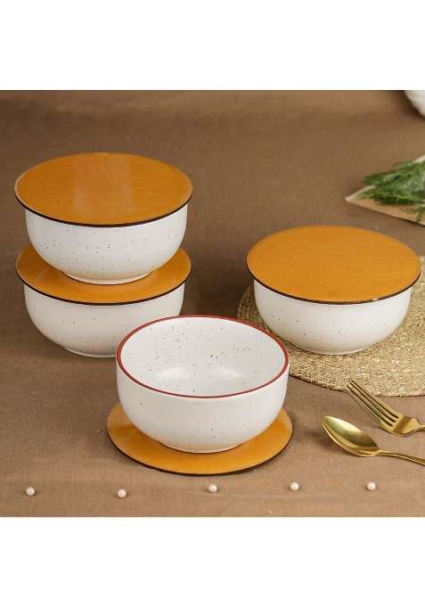 The Earth Store Set of White Marble Ceramic Bowl with Multipurpose Uses Lid | 500 ml | 16.9 fl oz | 4-Piece Set | Dishwasher Safe | Microwave Safe