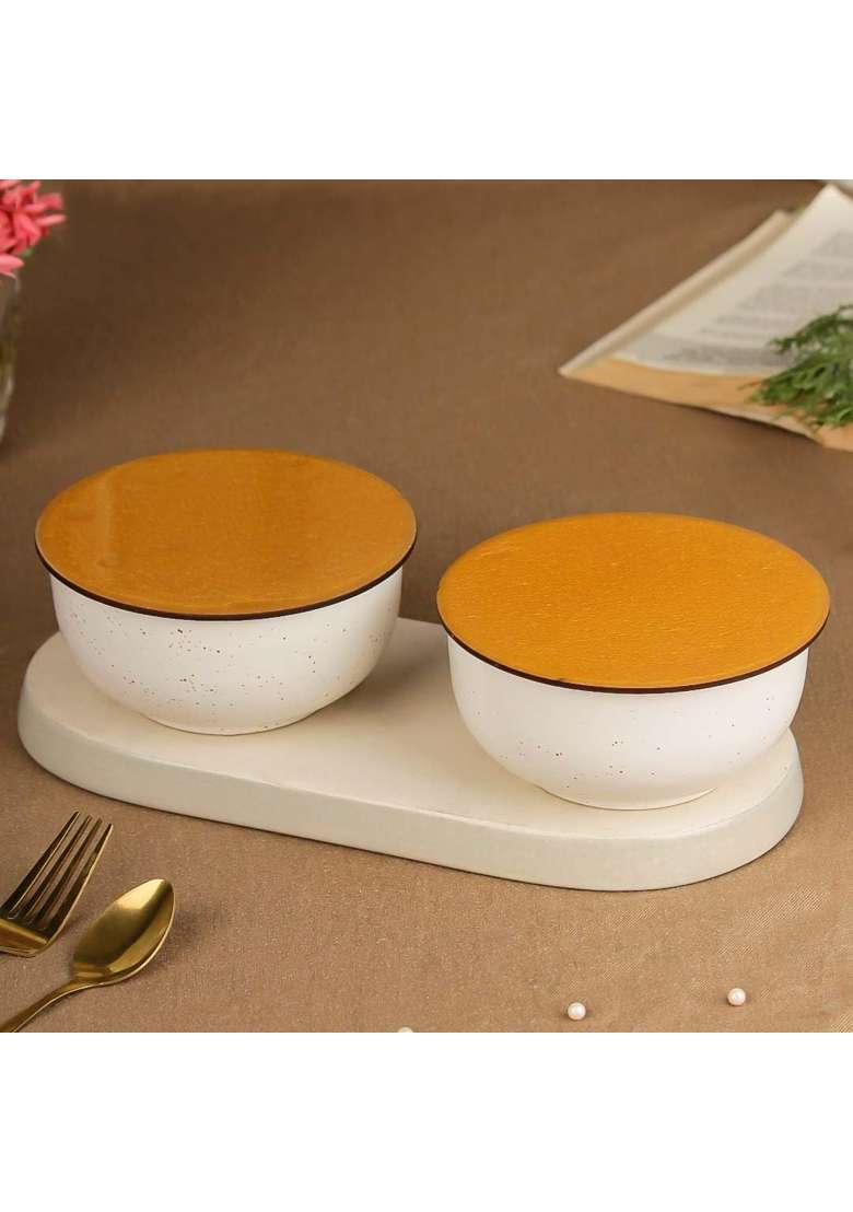 The Earth Store Set of White Marble Ceramic Bowl with Multipurpose Uses Lid | 500 ml | 16.9 fl oz | 2-Piece Set | Dishwasher Safe | Microwave Safe - Indya