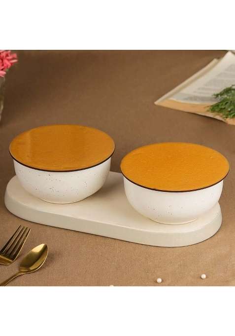 The Earth Store Set of White Marble Ceramic Bowl with Multipurpose Uses Lid | 500 ml | 16.9 fl oz | 2-Piece Set | Dishwasher Safe | Microwave Safe