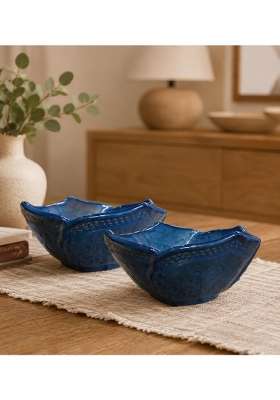 VOIDROP Lotus Shaped Blue Ceramic Bowls | 500 ml | 16.9 fl oz | 2-Piece Set