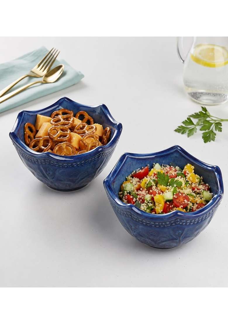 VOIDROP Lotus Shaped Blue Ceramic Bowls | 500 ml | 16.9 fl oz | 2-Piece Set - Indya