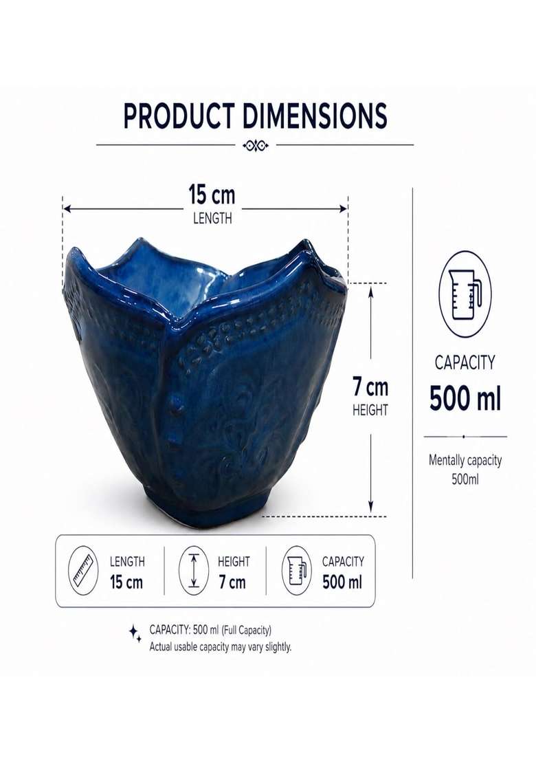 VOIDROP Lotus Shaped Blue Ceramic Bowls | 500 ml | 16.9 fl oz | 2-Piece Set - Indya