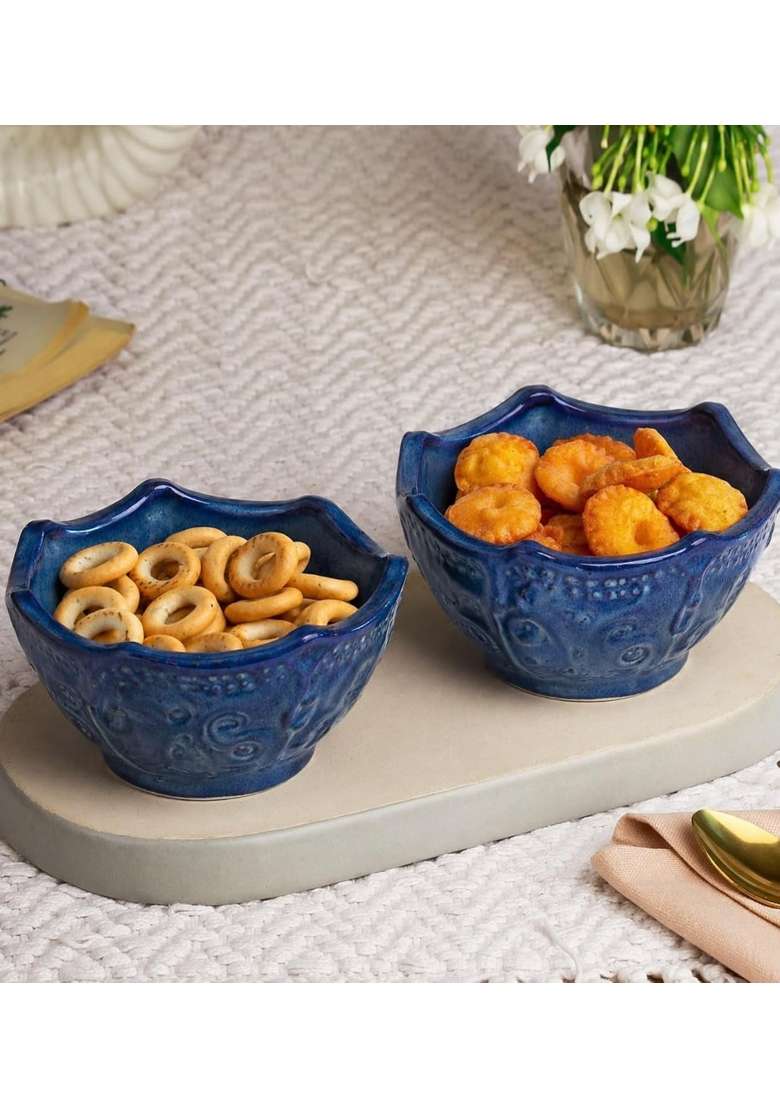 VOIDROP Lotus Shaped Blue Ceramic Bowls | 500 ml | 16.9 fl oz | 2-Piece Set - Indya