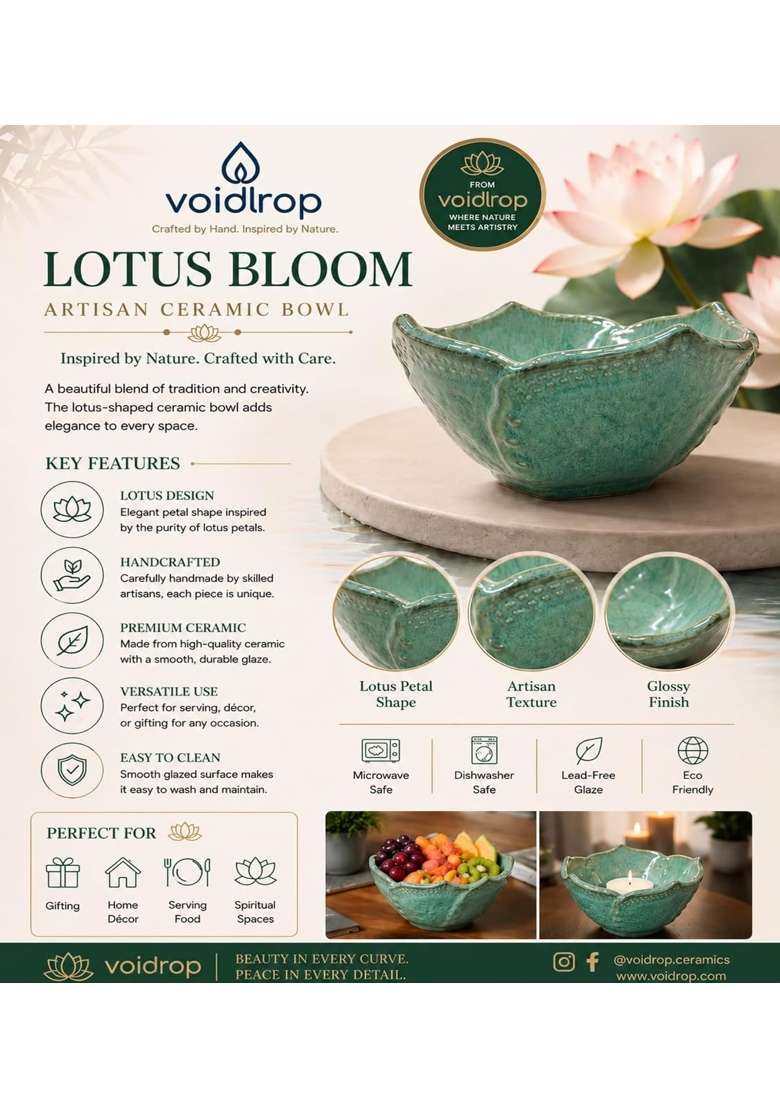 VOIDROP Lotus Shaped Ceramic Bowls for Kitchen | 500 ml | 16.9 fl oz | Handcrafted - Indya
