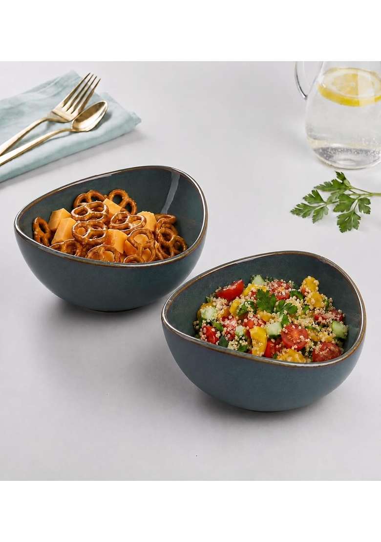 VOIDROP Rustic Dark Blue Ceramic Bowls for Kitchen Dining Table Decor | 500 ml | 16.9 fl oz | 2-Piece Set | Dishwasher Safe | Microwave Safe - Indya