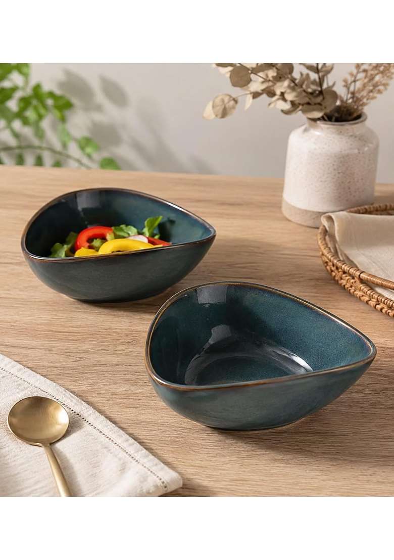 VOIDROP Rustic Dark Blue Ceramic Bowls for Kitchen Dining Table Decor | 500 ml | 16.9 fl oz | 2-Piece Set | Dishwasher Safe | Microwave Safe - Indya