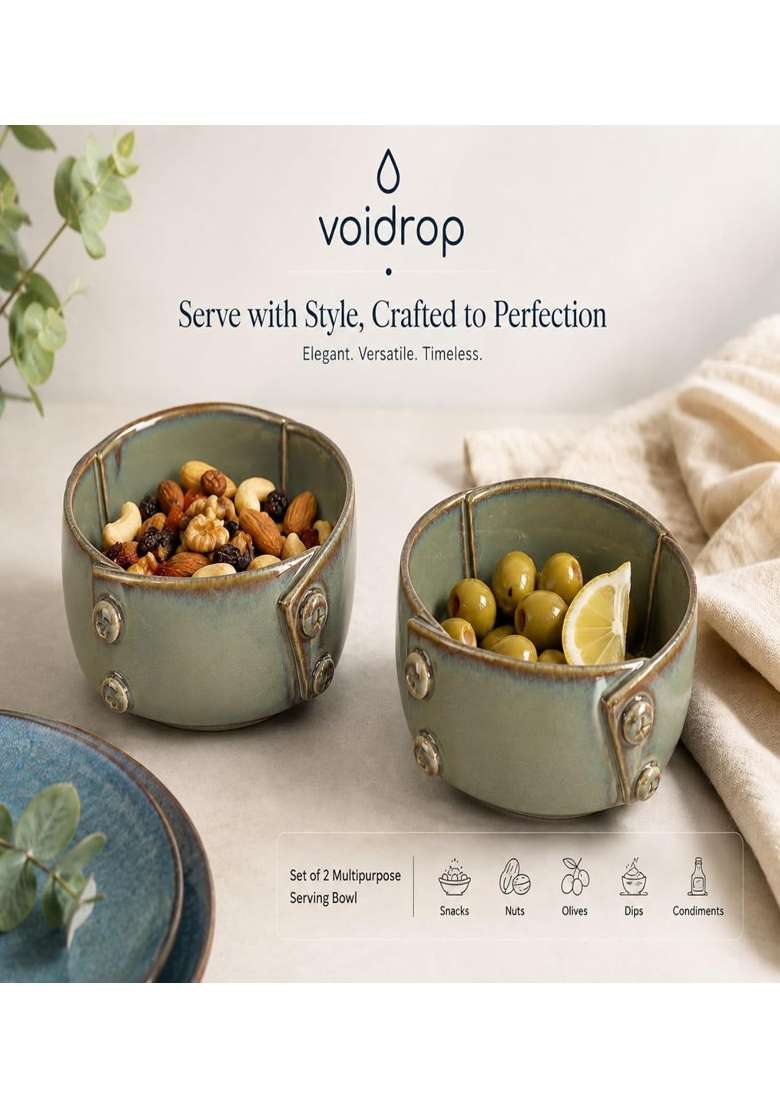 VOIDROP Glazed Green Each Ceramic Bowls for Kitchen | 500 ml | 16.9 fl oz | 2-Piece Set | Dishwasher Safe | Microwave Safe - Indya
