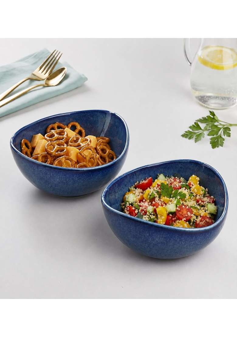 VOIDROP Rustic Blue Each Ceramic Bowls for Kitchen Dining Table Decor | 500 ml | 16.9 fl oz | 2-Piece Set | Dishwasher Safe | Microwave Safe - Indya