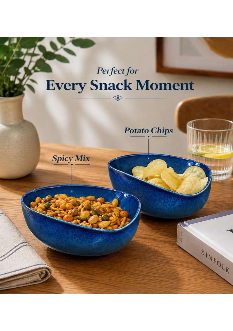 VOIDROP Rustic Blue Each Ceramic Bowls for Kitchen Dining Table Decor | 500 ml | 16.9 fl oz | 2-Piece Set | Dishwasher Safe | Microwave Safe - Indya
