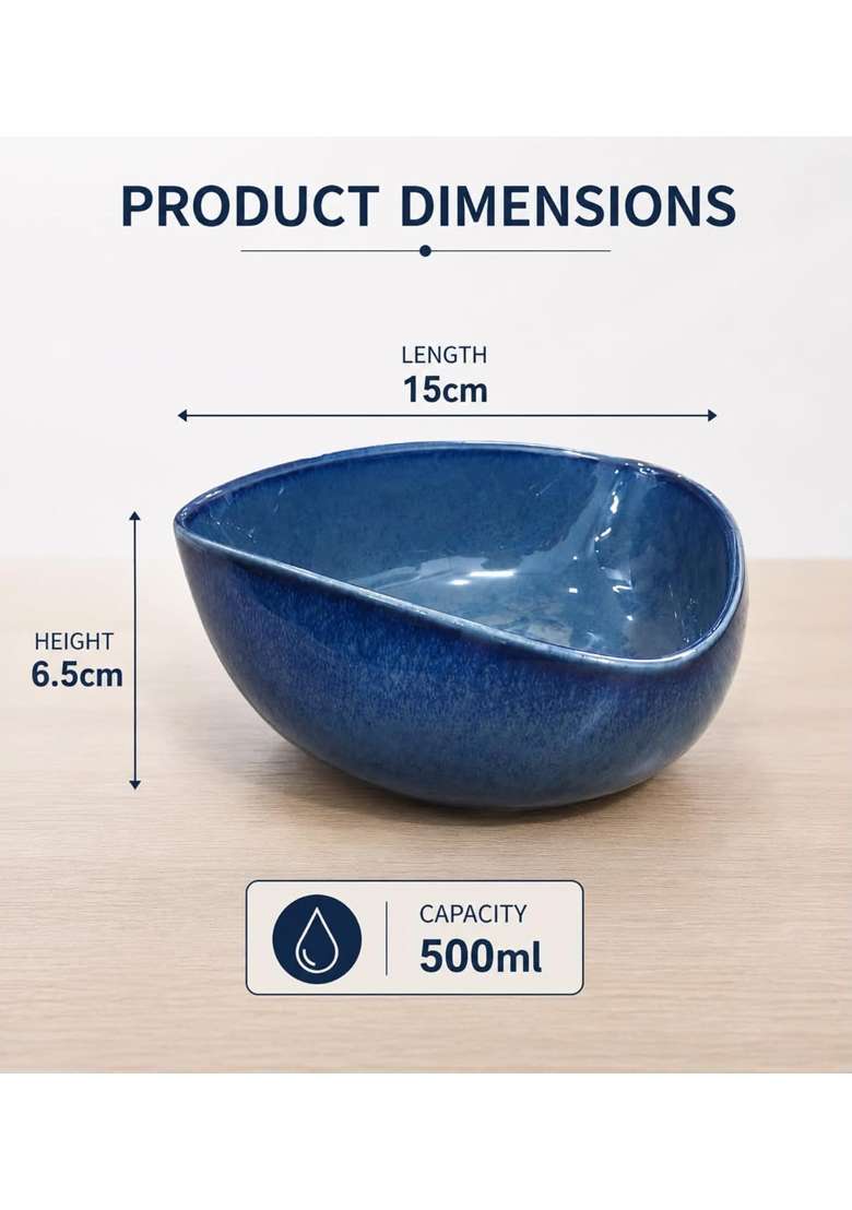 VOIDROP Rustic Blue Each Ceramic Bowls for Kitchen Dining Table Decor | 500 ml | 16.9 fl oz | 2-Piece Set | Dishwasher Safe | Microwave Safe - Indya