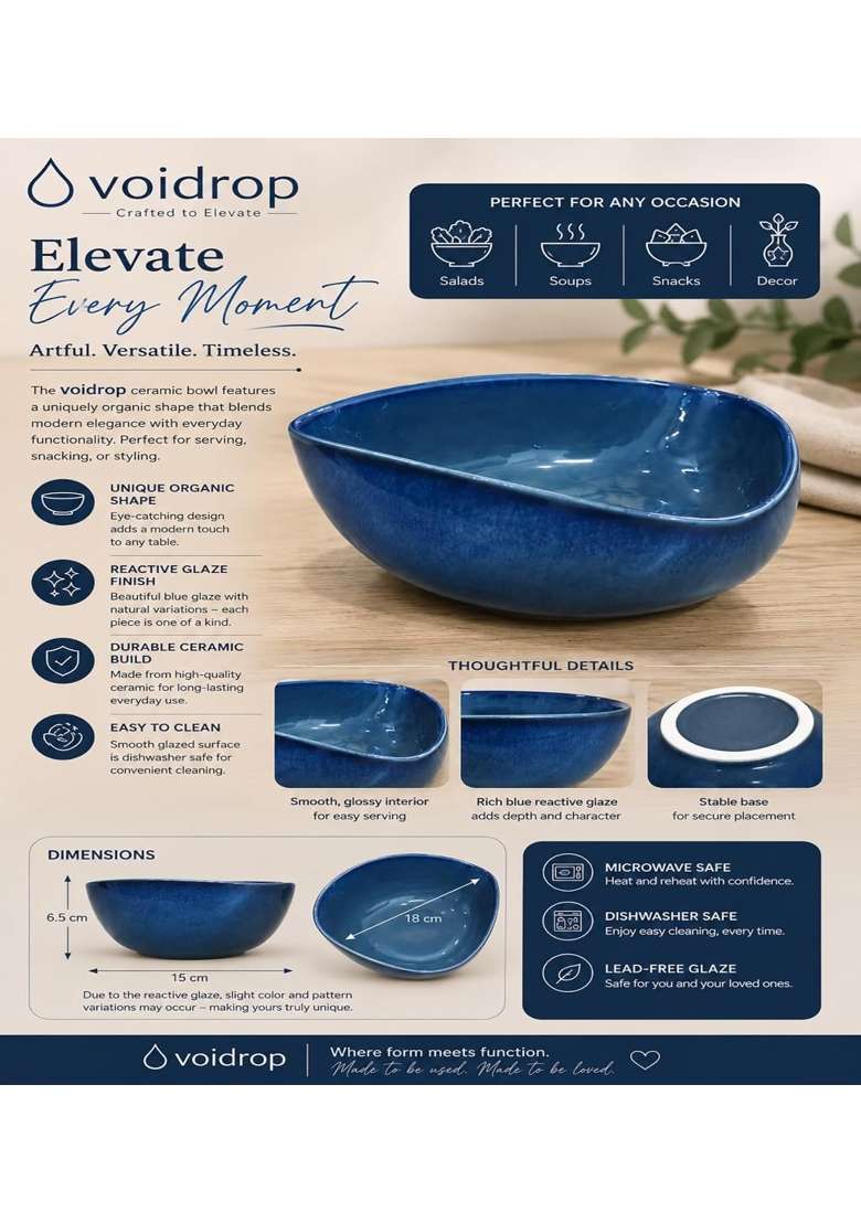VOIDROP Rustic Blue Each Ceramic Bowls for Kitchen Dining Table Decor | 500 ml | 16.9 fl oz | 2-Piece Set | Dishwasher Safe | Microwave Safe - Indya