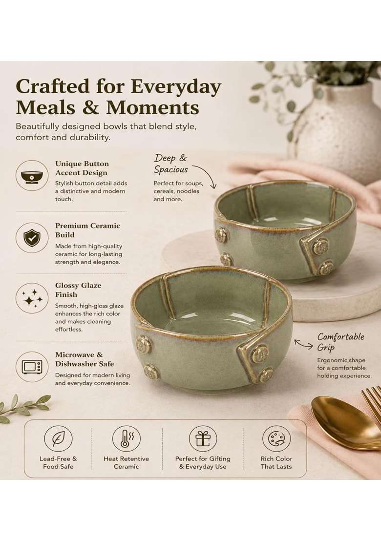 VOIDROP Glazed Green Each Ceramic Bowls for Kitchen | 500 ml | 16.9 fl oz | Dishwasher Safe | Microwave Safe - Indya