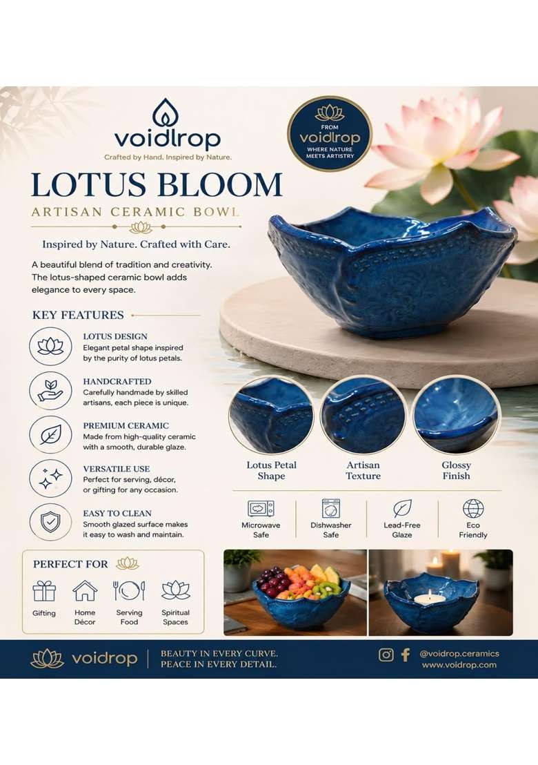VOIDROP Lotus Shaped Ceramic Bowls for Kitchen | 500 ml | 16.9 fl oz | Handcrafted - Indya