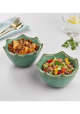 VOIDROP Lotus Shaped Green Ceramic Bowls for Kitchen | 500 ml | 16.9 fl oz | 2-Piece Set | Handcrafted