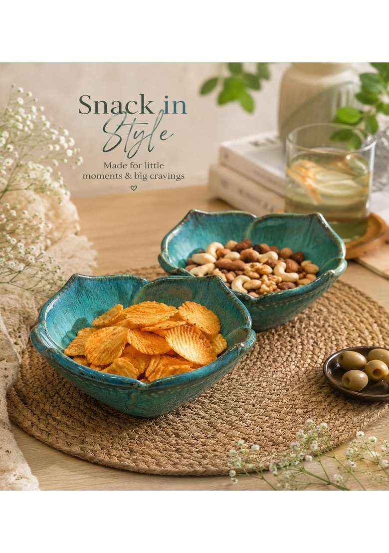 VOIDROP Lotus Shaped Green Ceramic Bowls for Kitchen | 500 ml | 16.9 fl oz | 2-Piece Set | Handcrafted - Indya