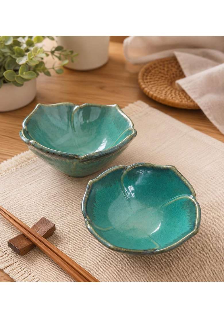 VOIDROP Lotus Shaped Green Ceramic Bowls for Kitchen | 500 ml | 16.9 fl oz | 2-Piece Set | Handcrafted - Indya