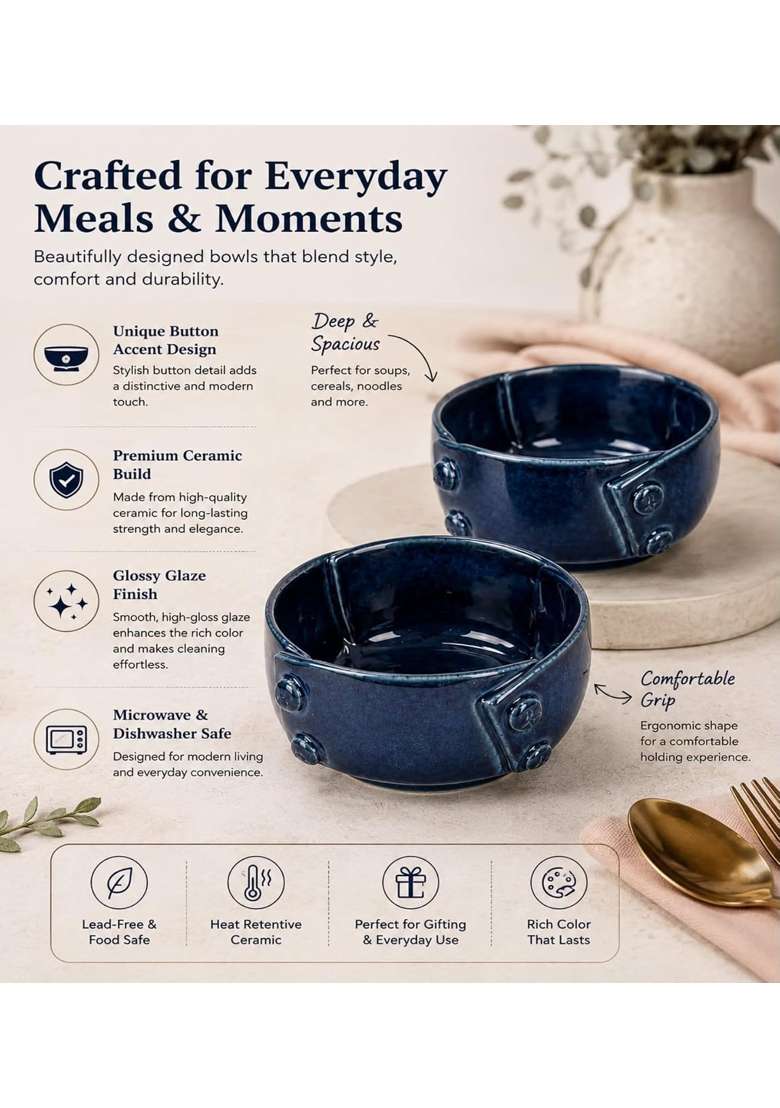 VOIDROP Glazed Blue Each Ceramic Bowls for Kitchen | 500 ml | 16.9 fl oz | 2-Piece Set | Dishwasher Safe | Microwave Safe - Indya