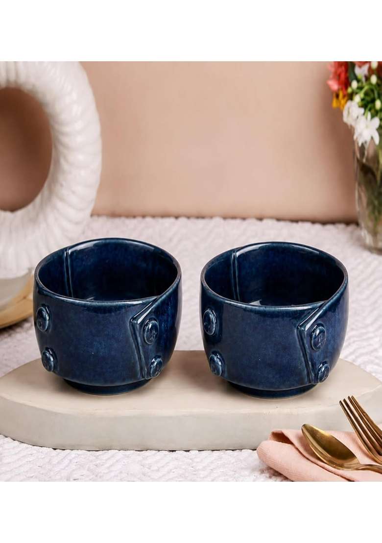 VOIDROP Glazed Blue Each Ceramic Bowls for Kitchen | 500 ml | 16.9 fl oz | 2-Piece Set | Dishwasher Safe | Microwave Safe - Indya