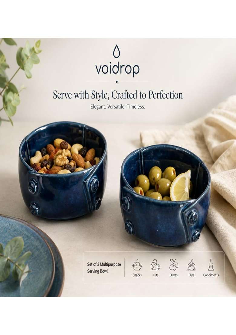 VOIDROP Glazed Blue Each Ceramic Bowls for Kitchen | 500 ml | 16.9 fl oz | 2-Piece Set | Dishwasher Safe | Microwave Safe - Indya