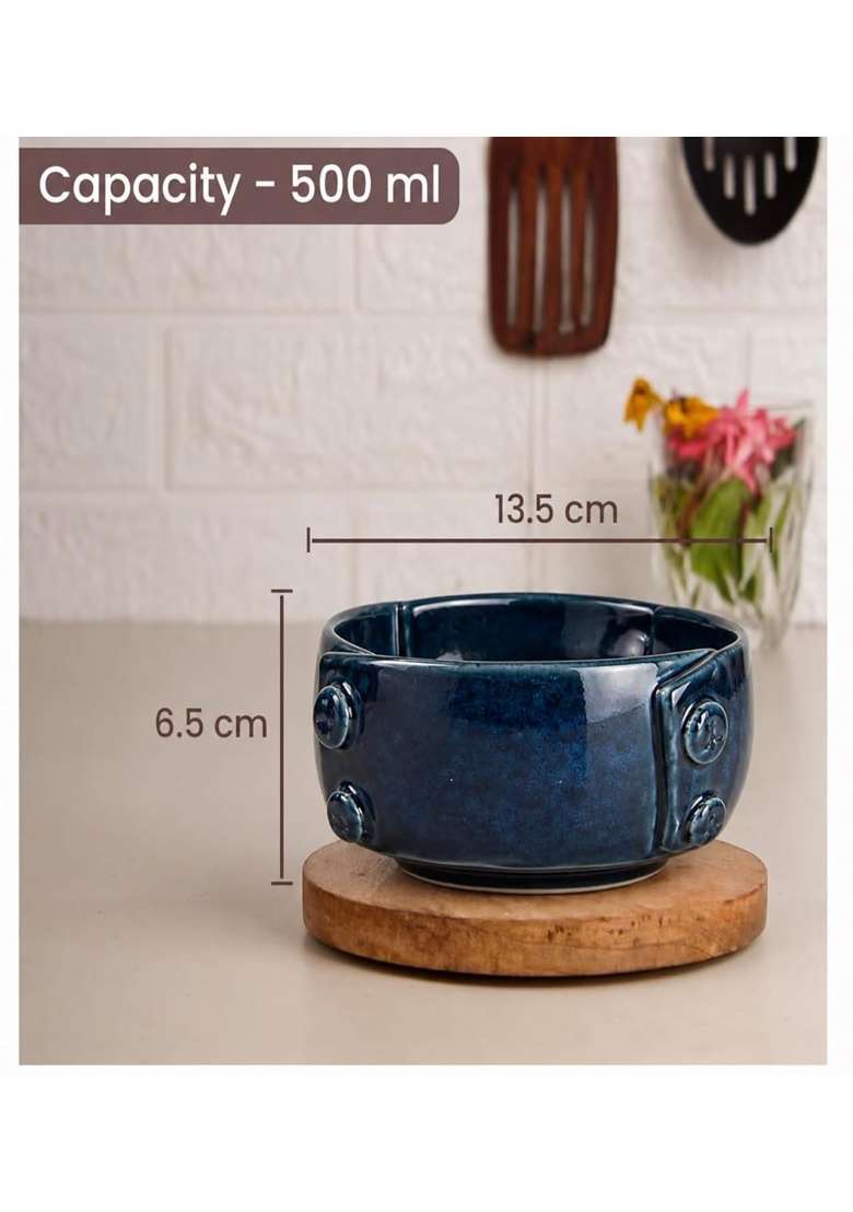 VOIDROP Glazed Blue Each Ceramic Bowls for Kitchen | 500 ml | 16.9 fl oz | 2-Piece Set | Dishwasher Safe | Microwave Safe - Indya