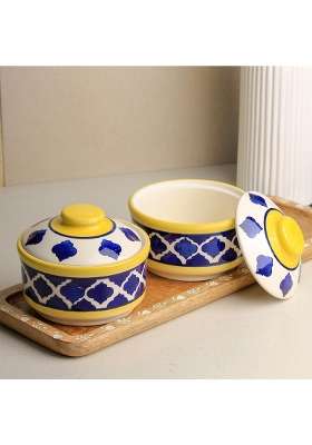 The Earth Store Yellow and Blue Multipurpose Ceramic Donga | 500 ml | 16.9 fl oz | 2-Piece Set | With Lid