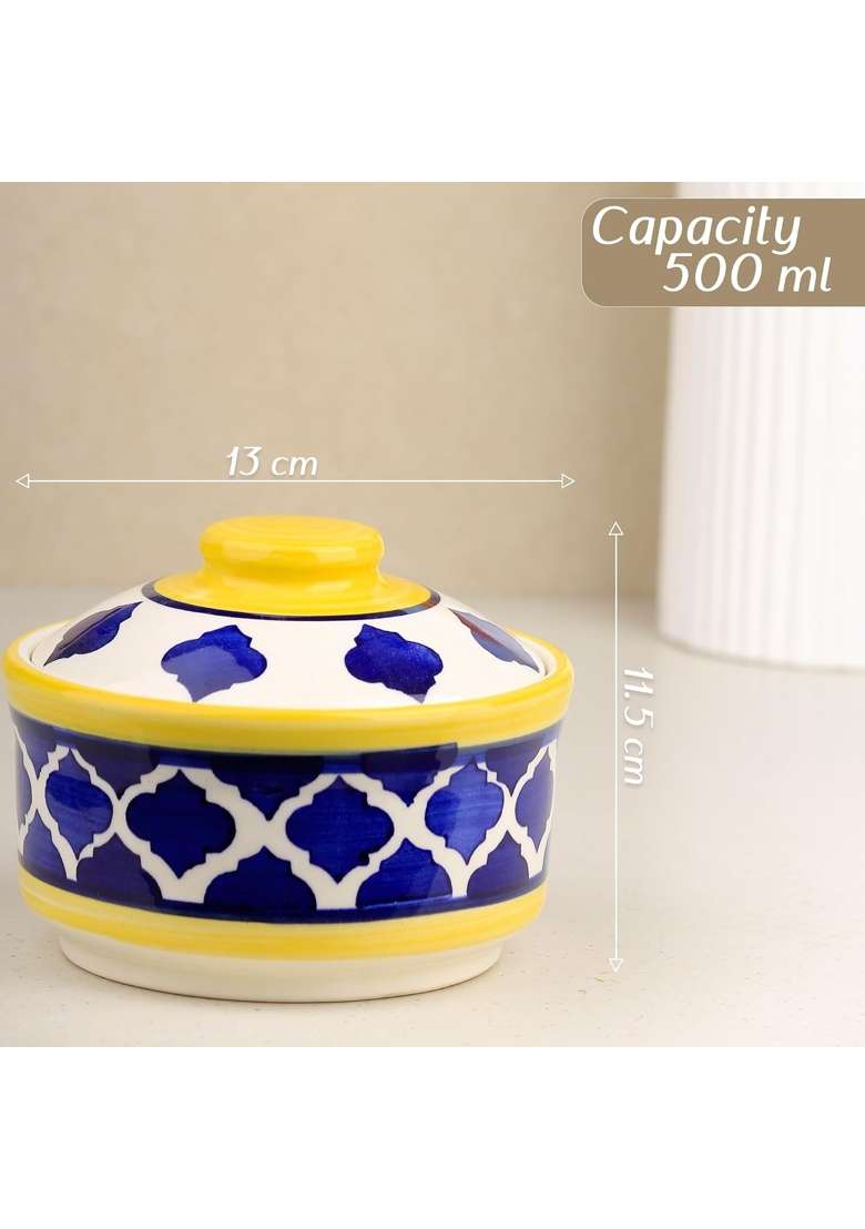 The Earth Store Yellow and Blue Multipurpose Ceramic Donga | 500 ml | 16.9 fl oz | 2-Piece Set | With Lid - Indya