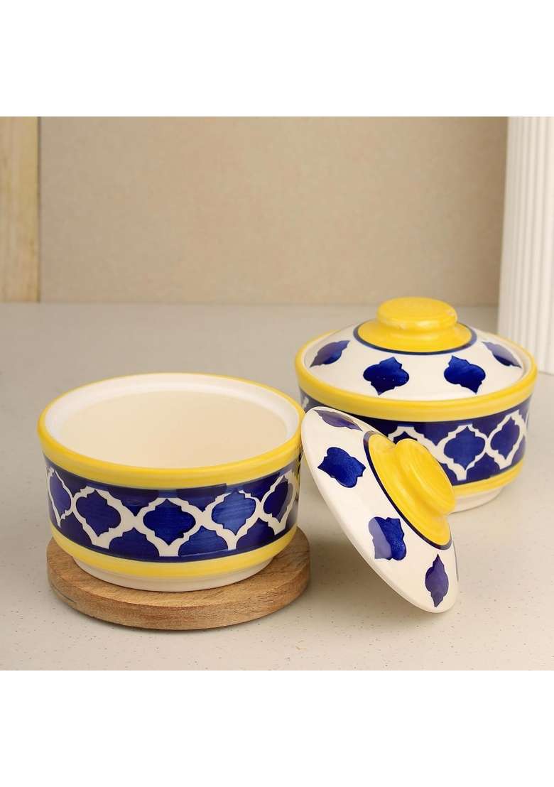 The Earth Store Yellow and Blue Multipurpose Ceramic Donga | 500 ml | 16.9 fl oz | 2-Piece Set | With Lid - Indya