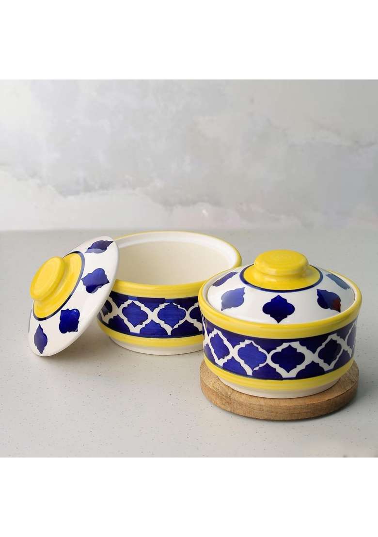The Earth Store Yellow and Blue Multipurpose Ceramic Donga | 500 ml | 16.9 fl oz | 2-Piece Set | With Lid - Indya