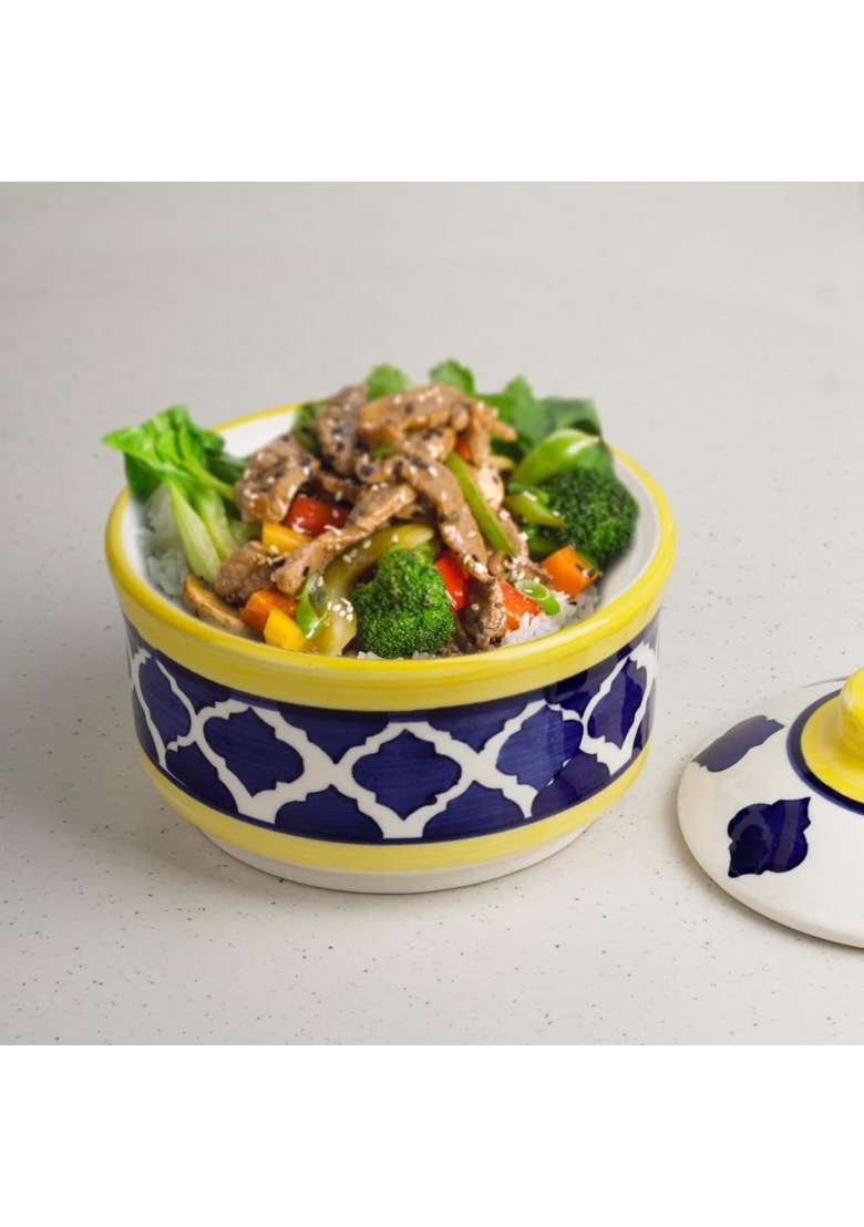 The Earth Store Yellow and Blue Multipurpose Ceramic Donga | 500 ml | 16.9 fl oz | With Lid - Indya