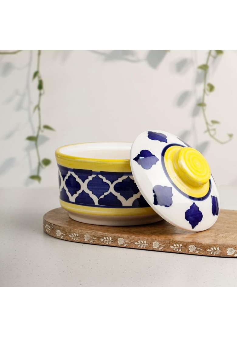 The Earth Store Yellow and Blue Multipurpose Ceramic Donga | 500 ml | 16.9 fl oz | With Lid - Indya
